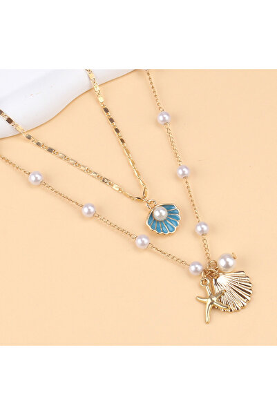 Choice1 Blue 2026 Summer Double Layer Gold Plated Starfish Shell Pearl Neckla...