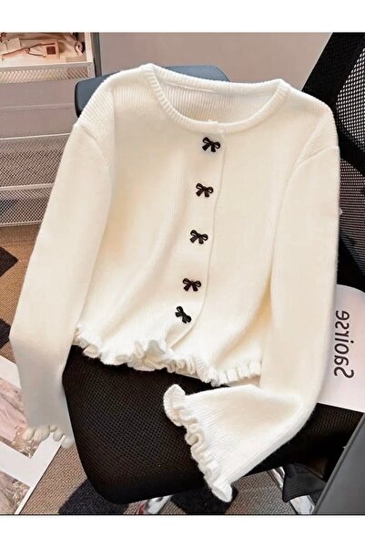 NATUFIAN STORE Women's Bow Buttoned Ruffle Detailed Basic Knitwear Cardigan