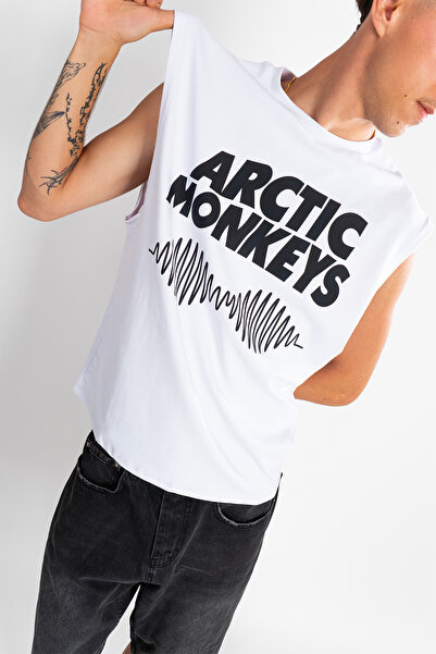 Sekizbiraltı تيشيرت أبيض مطبوع عليه Arctic Monkeys بدون أكمام