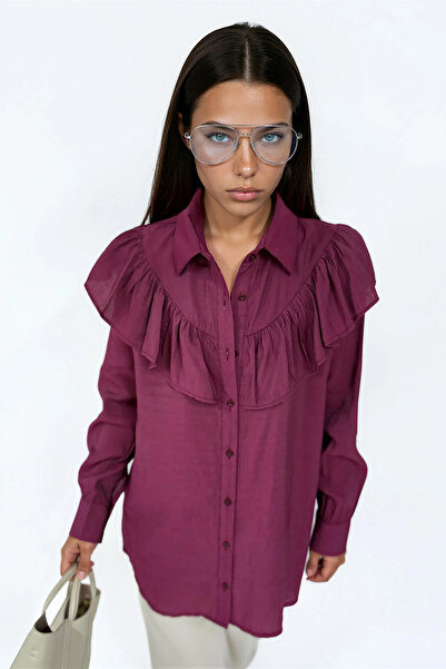 Merterium Women's Ruffle Detailed Shirt Tunic 1494 - Burgundy