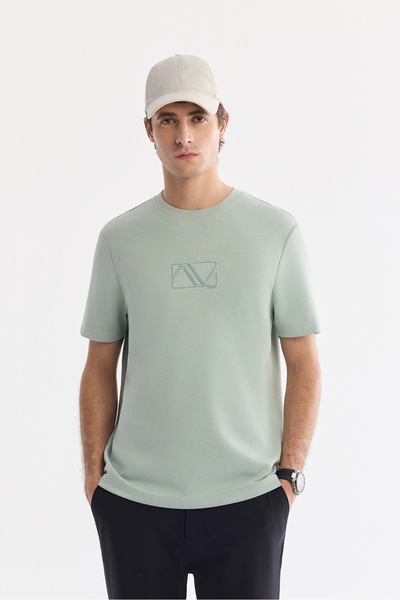 Avva Men's Mint Green Crew Neck Printed Bi-Stretch Interlock Regular Fit T-Sh...