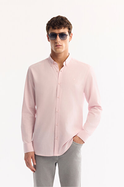 Avva Men's Light Pink Buttoned Collar 100% Cotton Linen Textured Comfort Fit ...