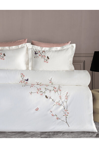 Dantela Butterfly 3D Embroidered Cotton Satin Duvet Cover Set - Cream/Powder