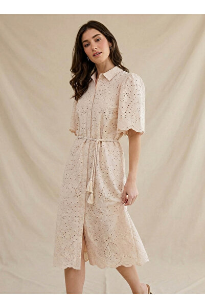 2Xtremz Schiffili Embroidered Women Shirt Dress with Tie-Up Belt Cotton