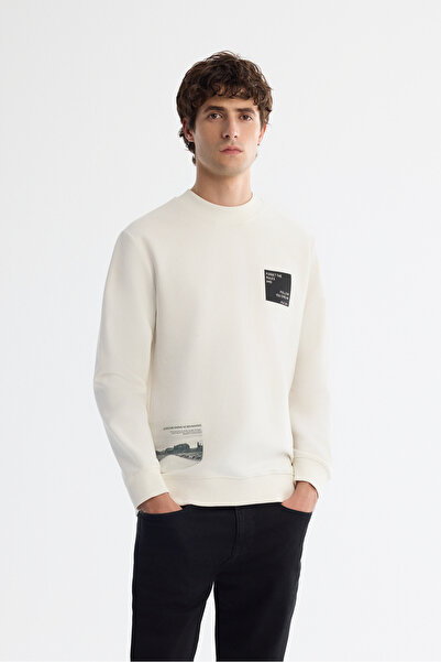Avva Erkek Ekru Bisiklet Yaka Pamuklu Baskılı Elastan Regular Fit Sweatshirt ...