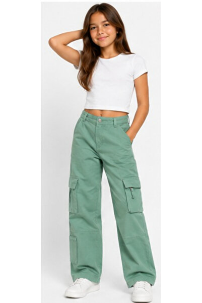 İrem Çocuk Giyim Girls'/Boys' Multi-Pocket Wide Leg Model Green Color Cargo P...