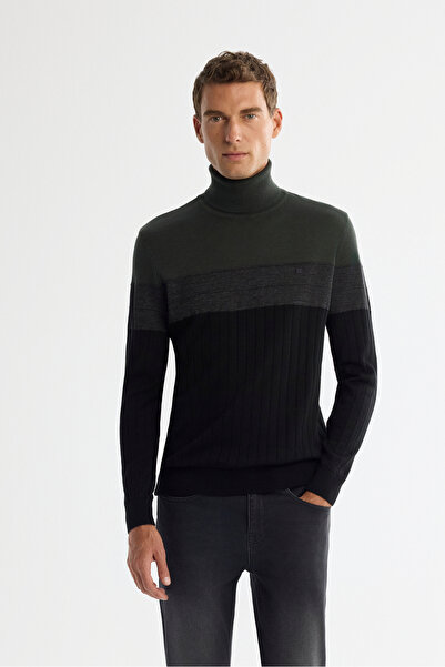 Avva Men's Khaki Full Turtleneck Color Block Wool Blend Regular Fit Sweater A...