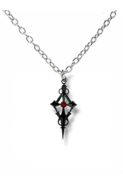 Herşey Nota Siyah Renk Kırmızı Mineli Haç Kolye – Unisex Metal Takı, 60 cm Zi...