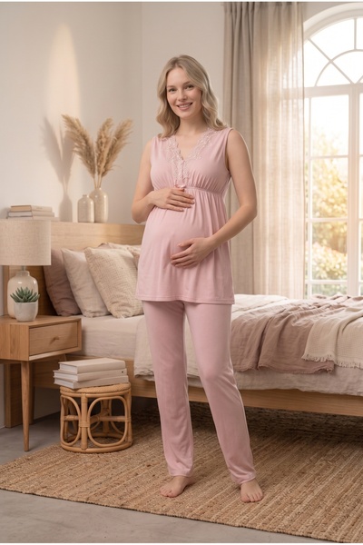 Lohusa Dünyasi Women's Powder Lace 2-Piece New Season Maternity Pajama Set