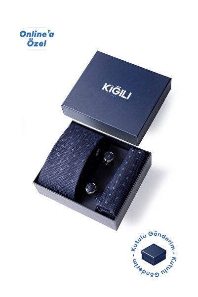 Kiğılı 3'lü Desenli Kravat & Mendil & Kol Düğmesi Hediye Kutulu Set