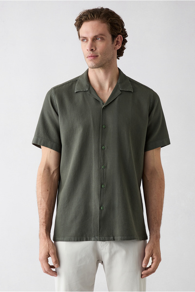 Kiğılı Short Sleeve Regular Fit Patterned Pocketed Lapel Collar Cotton Breath...
