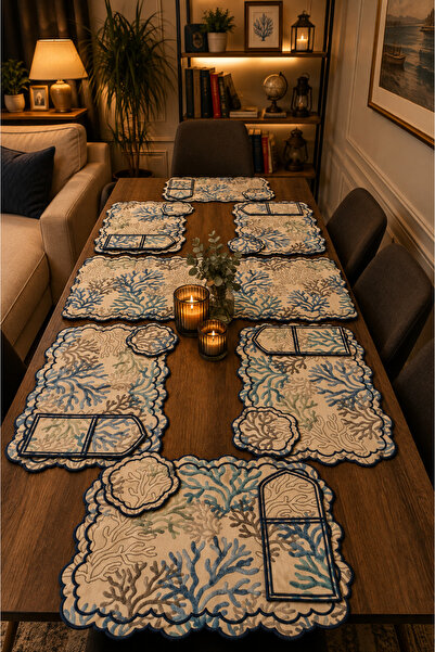 Çeyiz Diyarı Dalım Linen Embroidered American Dinner Set 19 Pieces Blue