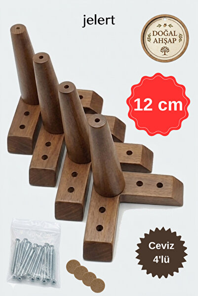 Jelert Masif Gürgen Ahşap 12 cm Koyu Ceviz-4'lü, Mobilya Yükseltme Ayağı, Rob...