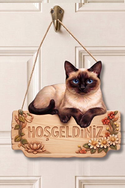 MARNELLO CONSEPT Siyam Kedisi "Hoş Geldiniz" Ahşap MDF Kapı Süsü - 2D Düz Baskı