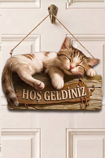 MARNELLO CONSEPT "Welcome" Written Cat Wooden Mdf Door Ornament - 2D Flat Print