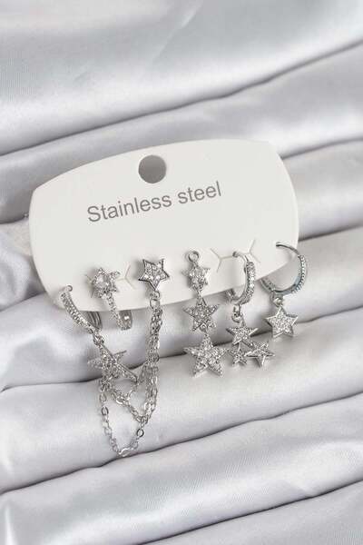 Inure Jewelry 316L Steel Gold Color Set of 6 Star Model Women's Earrings with...