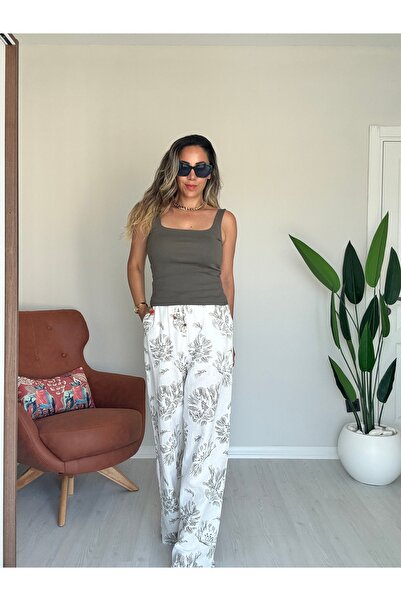 Rozella Butik Linen Textured Ecru Trousers with Khaki Floral Print