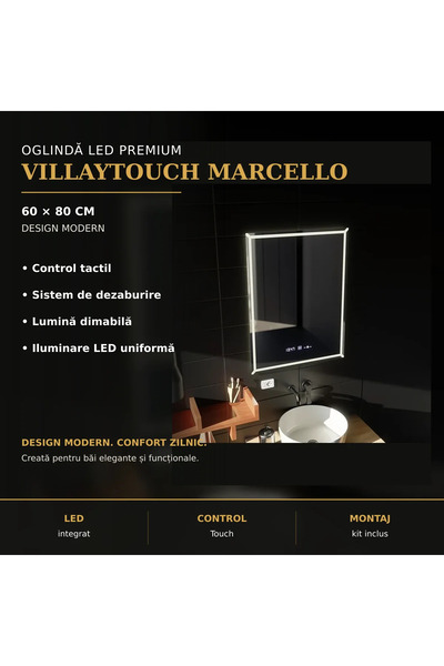 OEM Oglinda LED Rectangulara, 60x80cm, VillayTouch Marcello, Sistem Dezaburir...