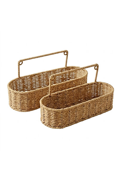 Go İthalat Plastik Rattan Hasır Görünümlü 2'li Oval Duvar Askılı Çok Amaçlı O...