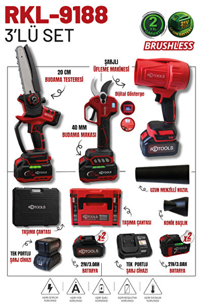 RETOOLS RKL-9188 Profesyonel 21V Kömürsüz 3'lü Bahçe Bakım Seti