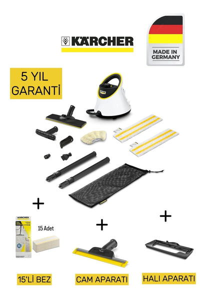 Karcher SC2 Deluxe Prime Paket: Halı Aparatı, Cam Silme Aparatı ve 15’li Temi...