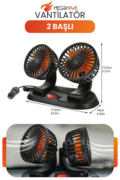 MEGAHAWK Çift Başlı Araç İçi Vantilatör 12V Çakmak Girişli Ayarlanabilir Oto Fan