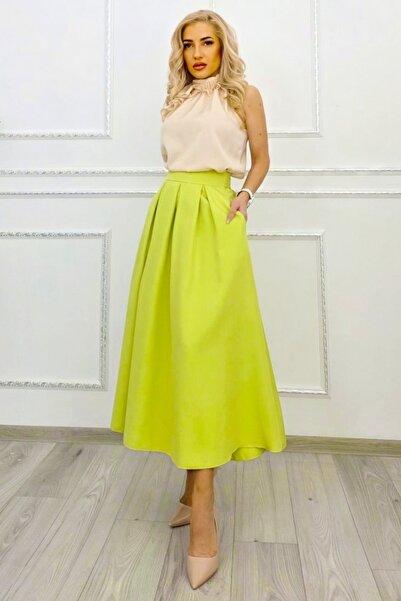 FashionForYou Ματίλντ κλος φούστα με τσέπες και πιέτες, σε πράσινο λάιμ