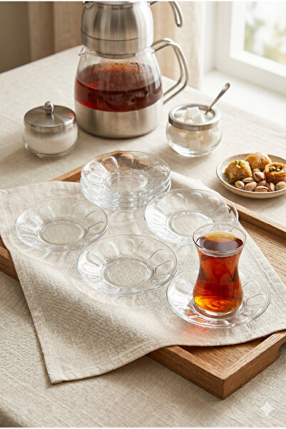 Selenica 6 Parça Şeffaf Cam Çay Tabağı Seti - Klasik Desenli Şık Sunum ve Bar...