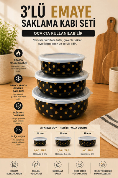 Jenisa 3-Piece Enamel Storage Container Set – with Lid, Can Be Used on the St...