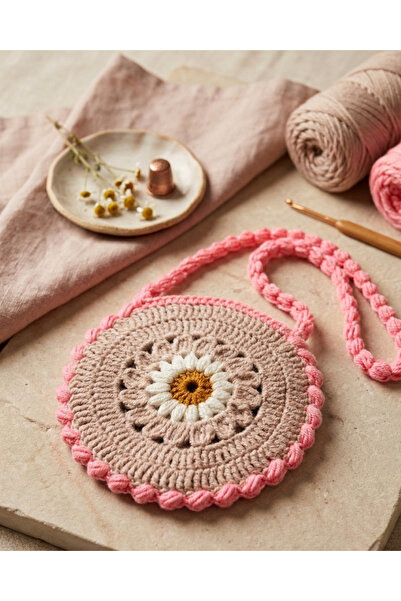 ih ihra Hand Knitted Round Daisy Bag - Pink & Beige Bohemian Shoulder Bag
