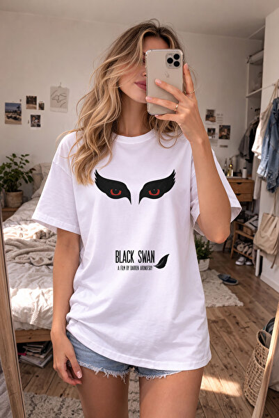 AYDESİGN Μπλουζάκι Black Swan με στάμπα Black Swan και λευκό λαιμόκοψη
