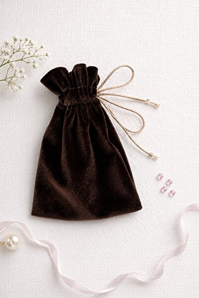 Buemshop Carvela Kadife Hediyelik Kese 10x15 cm Kahverengi Floş İpli Takı ve ...