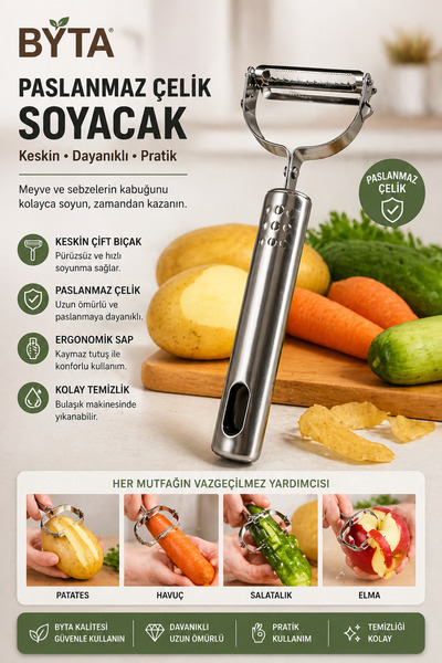 BYTA Paslanmaz Çelik Soyacak – Keskin Çift Bıçaklı Profesyonel Sebze & Meyve ...