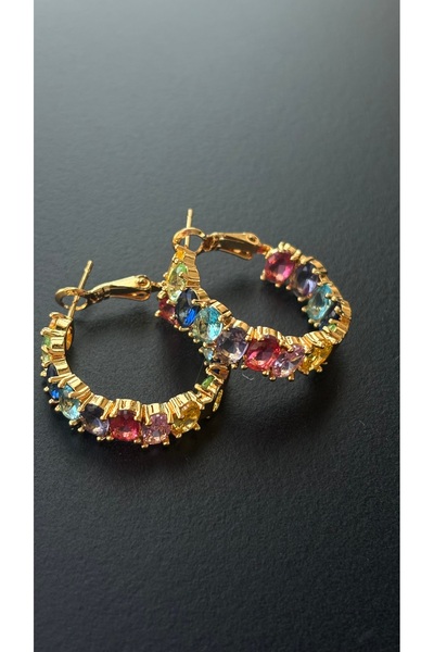 Store Renkli Zirkon Taşlı Gold Halka Küpe - Vintage & Modern Işıltı