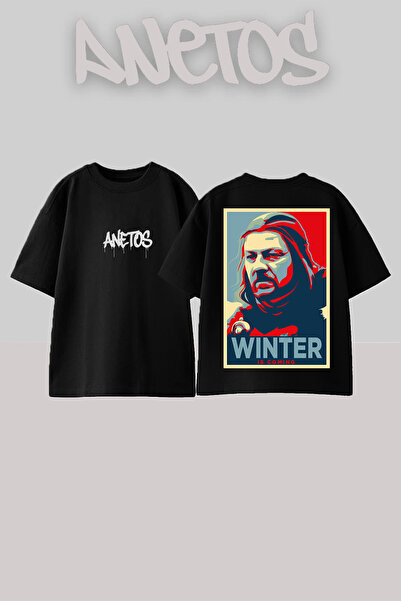 Anetos Μπλουζάκι Ned Stark Design με στάμπα στην πλάτη, βαμβακερό, μαύρο, ove...