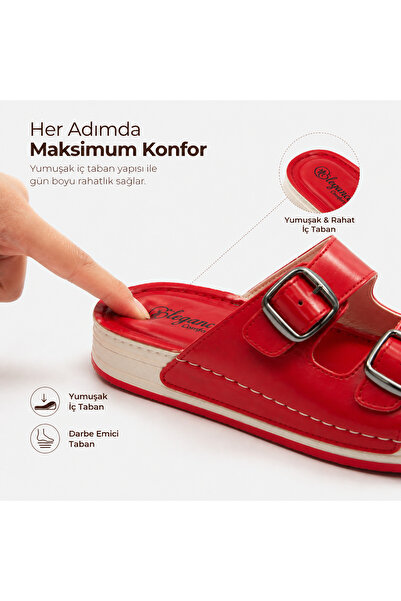 Ayakkabı Vakti Γυναικείες Κόκκινες Ορθοπεδικές Παντόφλες με Διπλή Πόρπη – Μαλ...
