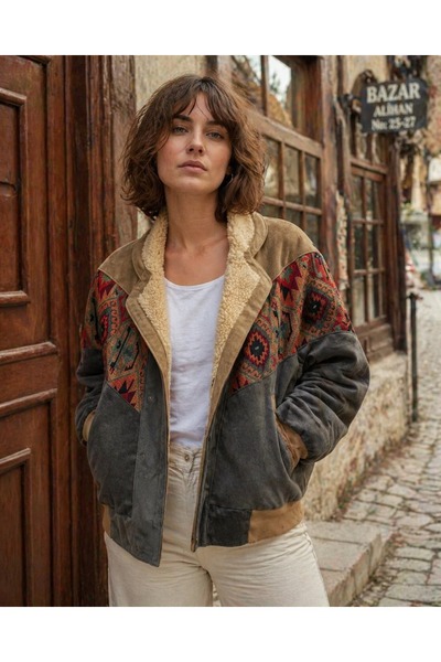 CANMODA (7984) Recien Unisex Γιακάς από γούνα Vintage Αζτέκικο Μπουφάν Oversi...