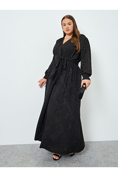 Styli Plus Belted Jacquard Knit A-Line Maxi Dress