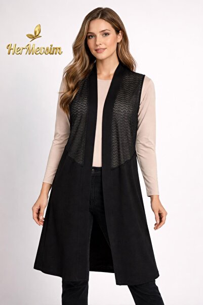 Hermevsim Hesna Γυναικείο Μακρύ Χτενισμένο Μαύρο Γιλέκο με Δαντέλα και Πέτρες