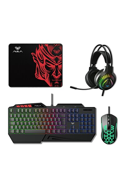 Aula T650 4'in1 Gaming Set RGB Kablolu Membran Klavye 3600 DPI Mouse Mikrofon...
