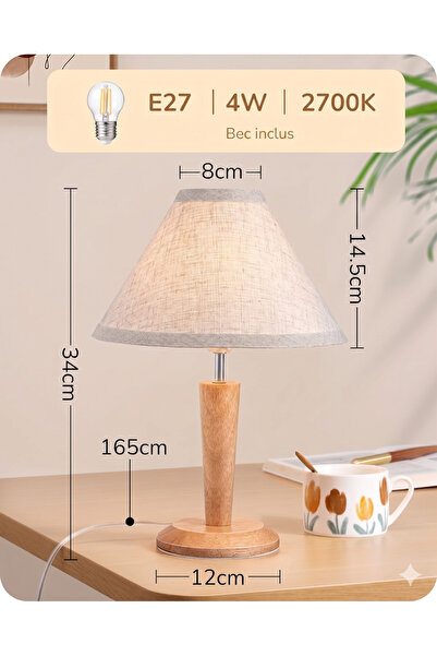 EDISHINE Veioză Modernă cu Bază din Lemn Masiv și Abajur Textil - Bec LED 4W Inclus
