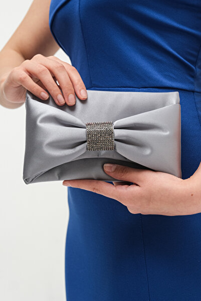 ROZA CANTA Platinum Satin Women's Bow Detailed Stone Buckle Wedding Invitatio...