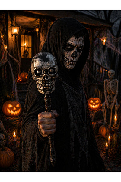 PARTİPORT Cadılar Bayramı Kuru Kafa Asa 57 cm Plastik Halloween Kostüm Aksesu...