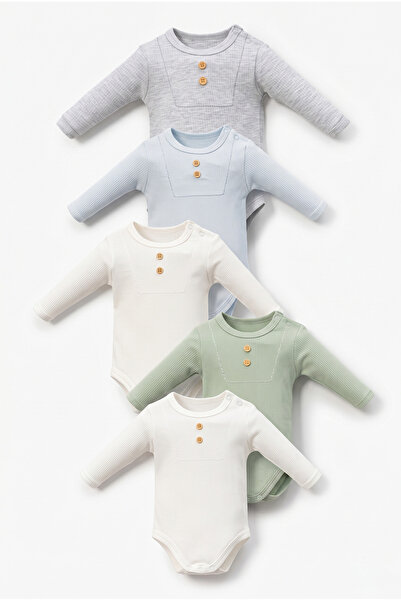 Minipomes Baby Boy Long Sleeve Snap Fastener Bodysuit Set White