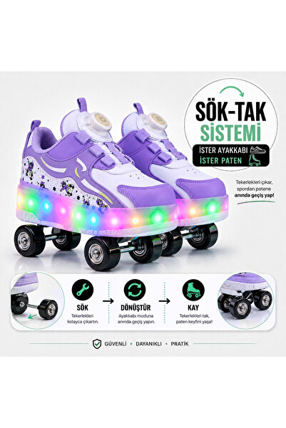 Nisanur Shoes PATENLİ IŞIKLI ORTOPEDİK SPOR AYAKKABISI 4 TEKERLEKLİ PATEN (ON...
