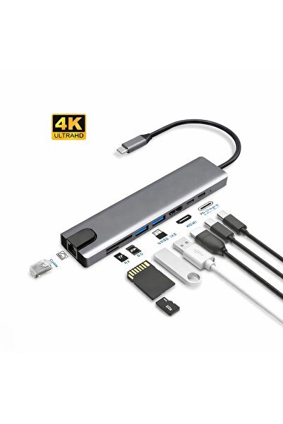 Universal TYPE‑C to HDTV 8 in 1 Dönüştürücü Adaptör | 4K UHD Görüntü | RJ45 +...