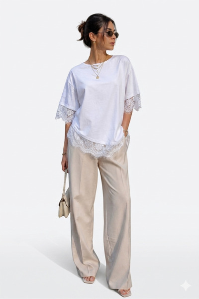 Butik Romantic Lace-Trimmed Wide-Fit Crew Neck T-Shirt