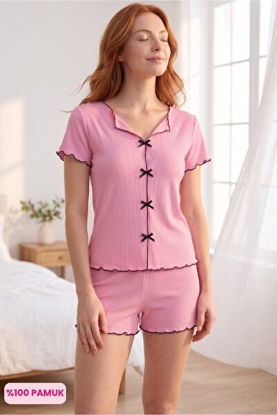 ÇAĞRI HOMEWEAR Γυναικείο σετ πιτζάμες με φιόγκο από ύφασμα χωρίς κουμπιά, 100...