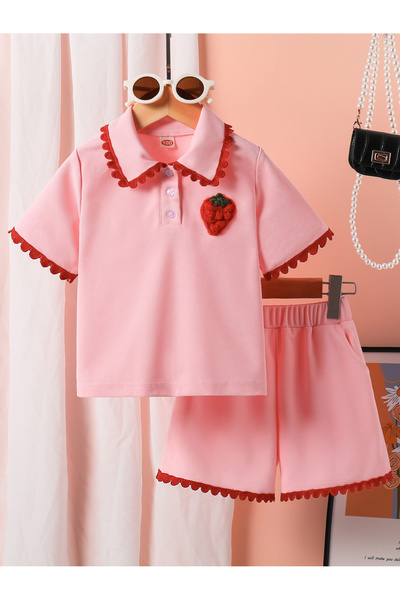 Take Two By Styli Girls Strawberry Embroidered Polo T-Shirt and Shorts Set