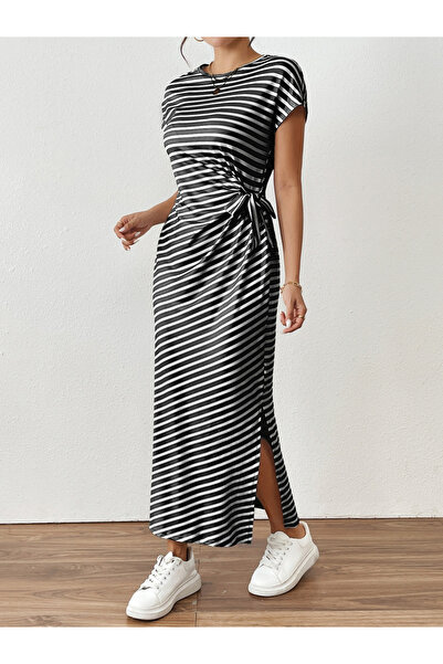 Take Two By Styli Black Striped Maxi Dress with Bow Tie-Detail